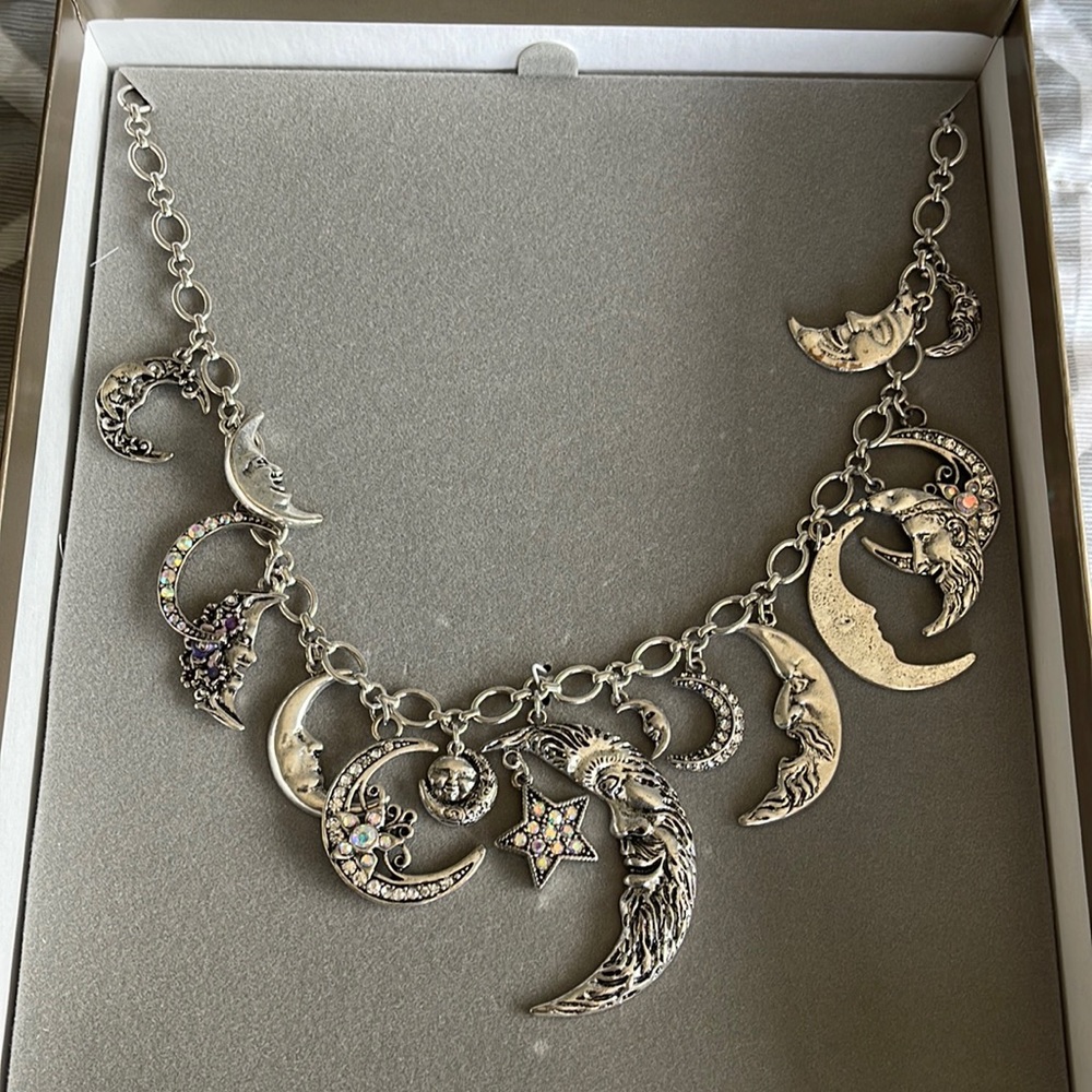 Crystal Moon Statement necklace. Silver tone